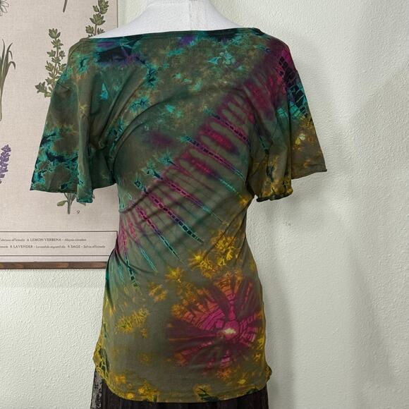 Multicolor Tie Dye Butterfly Flutter Sleeve Top Hippie Boho Fairy Grunge M - Picture 2 of 4